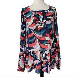 ANTHROPOLOGIE MAEVE Cheyenne Abstract Bird Print Peplum Blouse Top L NWOT